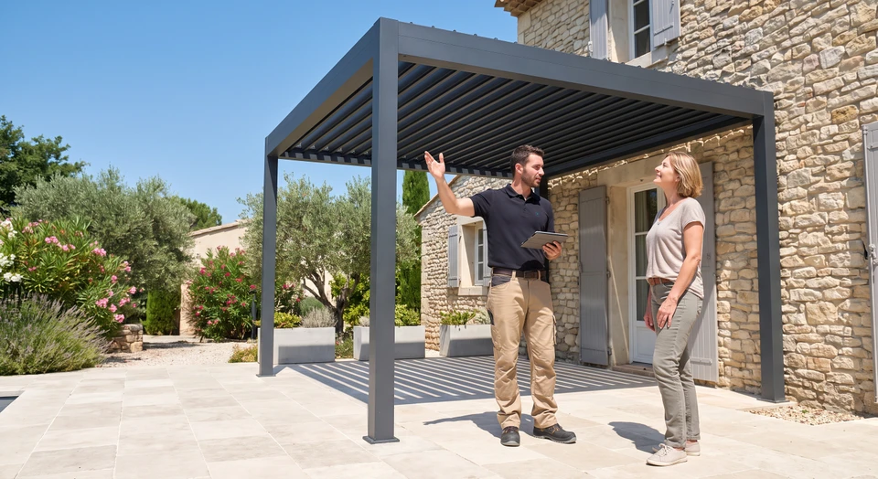 Photographie d'un artisan menuisier en tenue professionnelle (polo ou t-shirt avec logo entreprise) en discussion avec un client propriétaire sur une terrasse d'une maison. L'artisan pointe ou explique des détails sur une pergola bioclimatique aluminium ou un store motorisé installé, tenant éventuellement un dossier ou une tablette. Le client l'écoute attentivement. Environnement résidentiel provençal ou méditerranéen (maison enduite, végétation, ciel dégagé). L'image doit transmettre la confiance, le professionnalisme, le dialogue de proximité et l'expertise partagée entre artisan et client.