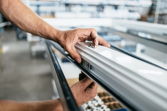 Deux techniciens équipés de protections (gilets haute visibilité, gants, lunettes de sécurité) intervenant sur l'installation d'une fenêtre PVC blanche sur mesure dans une façade. L'un des menuisiers procède à la mise en place précise du dormant tandis que l'autre vérifie l'alignement et l'aplomb à l'aide d'outils professionnels. En arrière-plan, une maison résidentielle méditerranéenne. Cadrage montrant le savoir-faire, la précision du travail et l'engagement professionnel dans les détails d'installation.