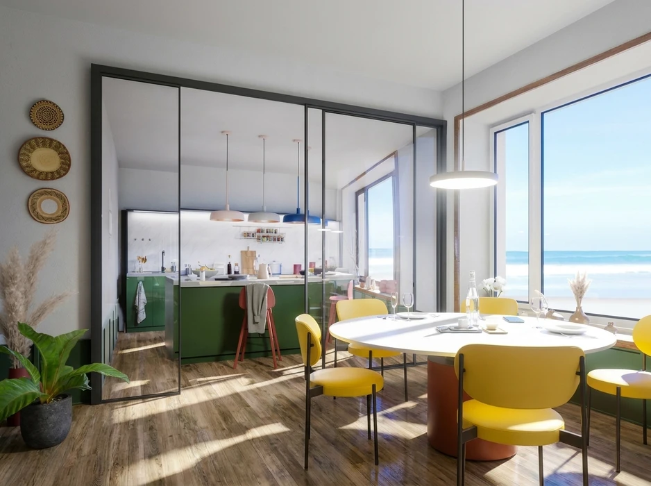 Cuisine séparée par une verrière atelier à profils noirs, équipée de façades laquées vert bouteille, plan de travail marbre blanc, suspensions cuivrées et bleues