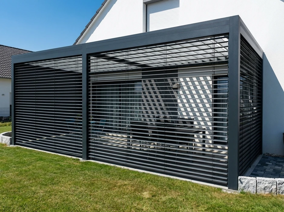 Pergola bioclimatique aluminium anthracite adossée à une maison, avec lames orientables en façade formant brise-soleil, toiture polycarbonate translucide sur structure à poteaux carrés