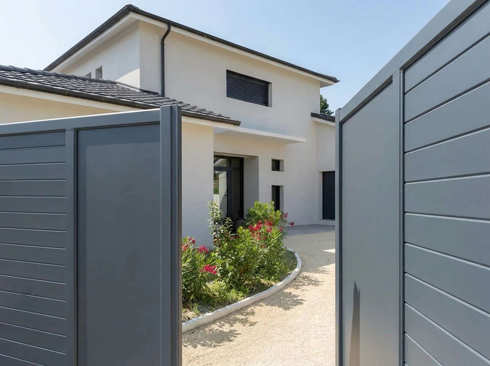 Extérieur résidentiel avec maison moderne blanche à toit plat et portail coulissant anthracite