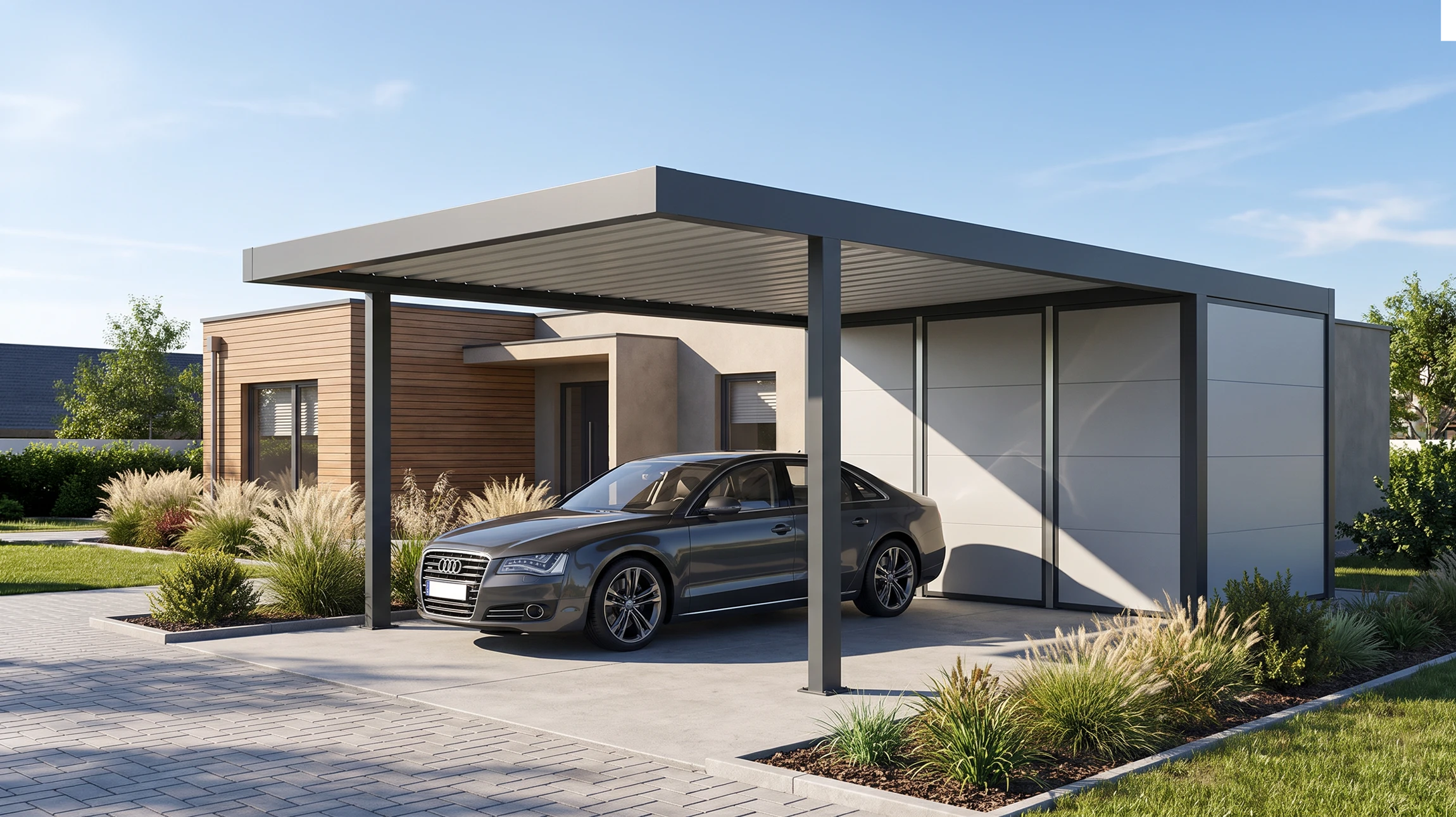 Véranda contemporaine avec structure en aluminium anthracite et vitrage panoramique coulissant toute hauteur