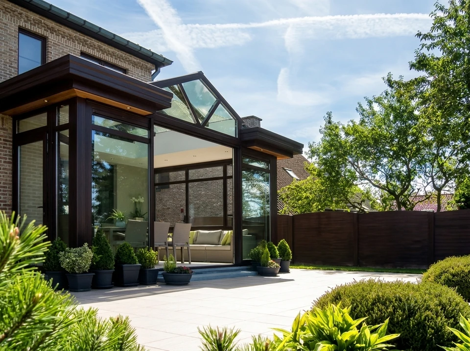 Façade moderne d'une maison contemporaine avec terrasse au premier étage
