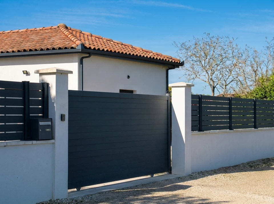 Portail coulissant résidentiel en aluminium anthracite installé entre piliers maçonnés blancs