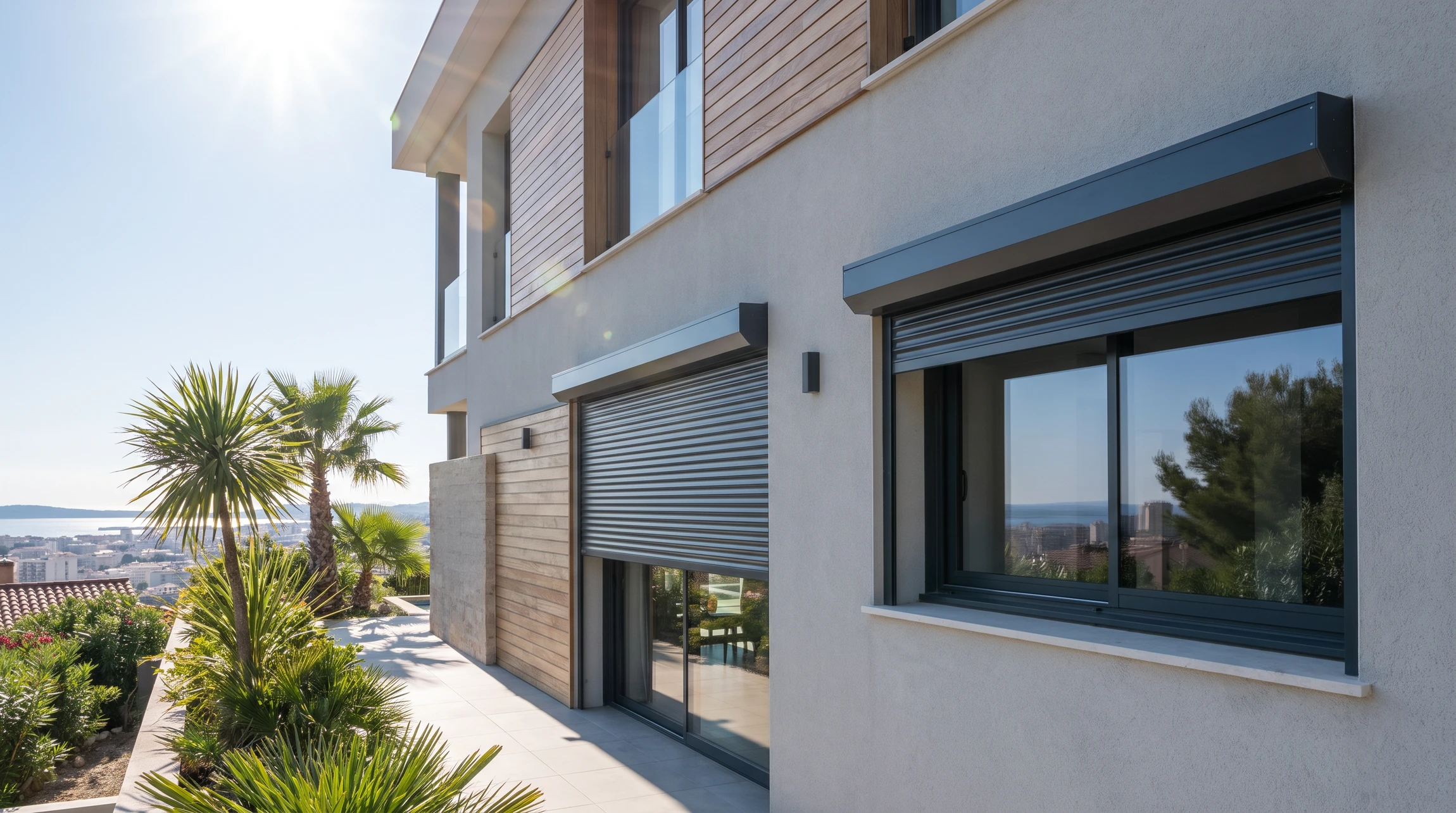 Store banne motorisée à bras articulés déployée sur une terrasse extérieure moderne en bord de mer