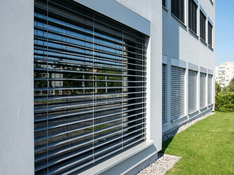 Intérieur résidentiel avec grandes baies vitrées équipées de stores vénitiens blancs réglables