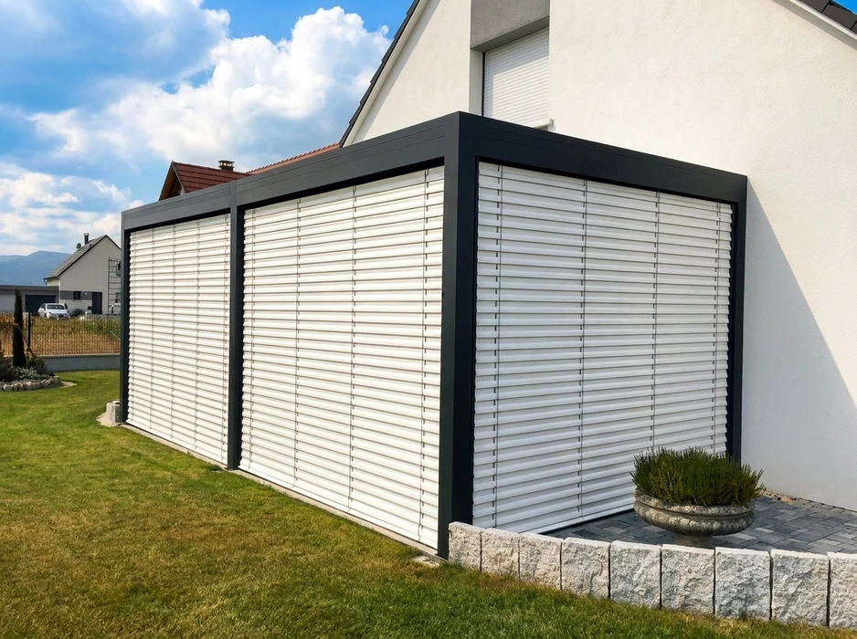 Deux techniciens installent un portillon de jardin blanc en aluminium laqué sur un pilier en béton